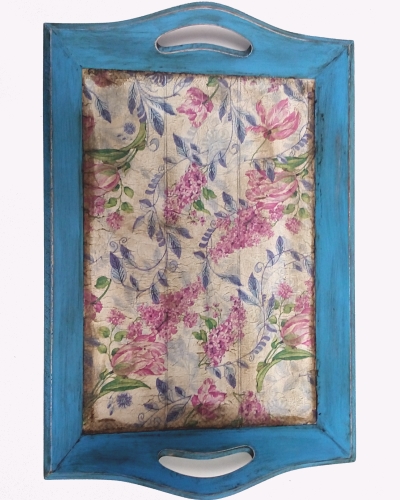 Bandeja Decorativa Decoupage Envejecida Azul